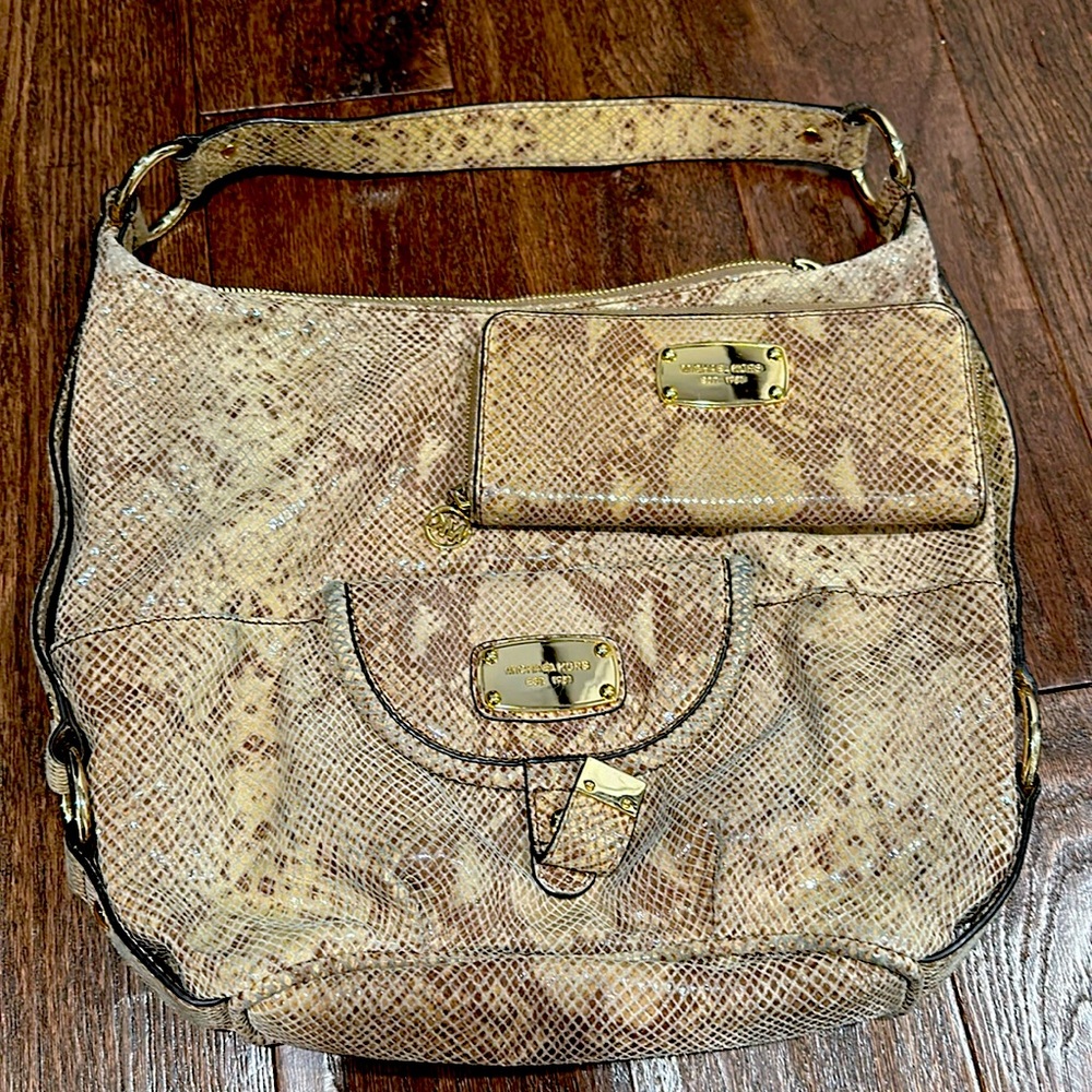 Michael Kors, gold and tan snakeskin purse and wallet combo